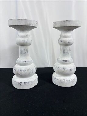 White Distressed Ceramic Candlestick Pair